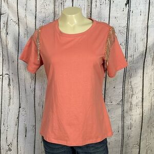 A Love Story “Monte Carlo” Scoop Neck Knit Top w/ Rhinestone Fringe StoneRose